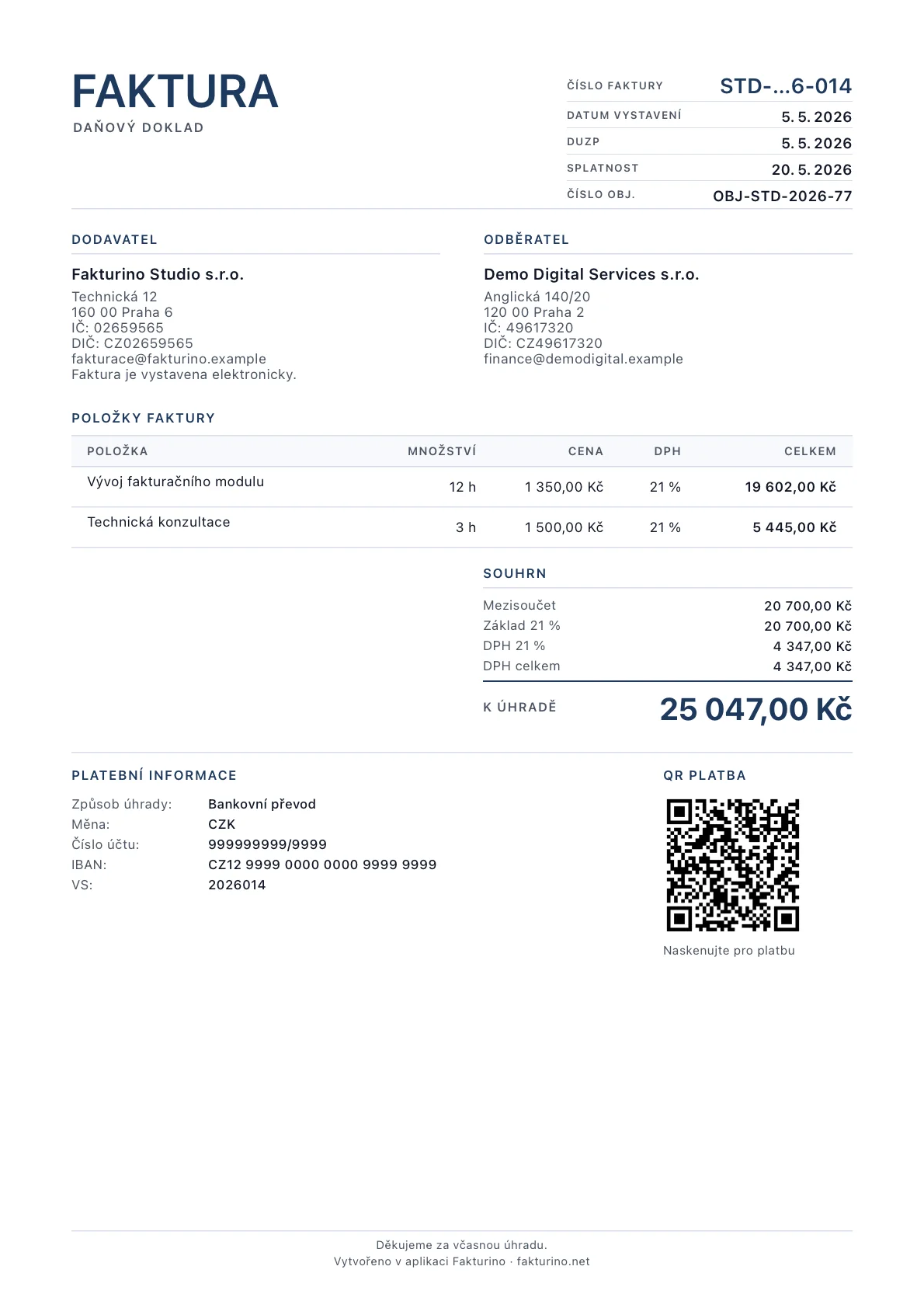 Reálná ukázková faktura v PDF šabloně Fakturino se zelenými akcenty a QR platbou
