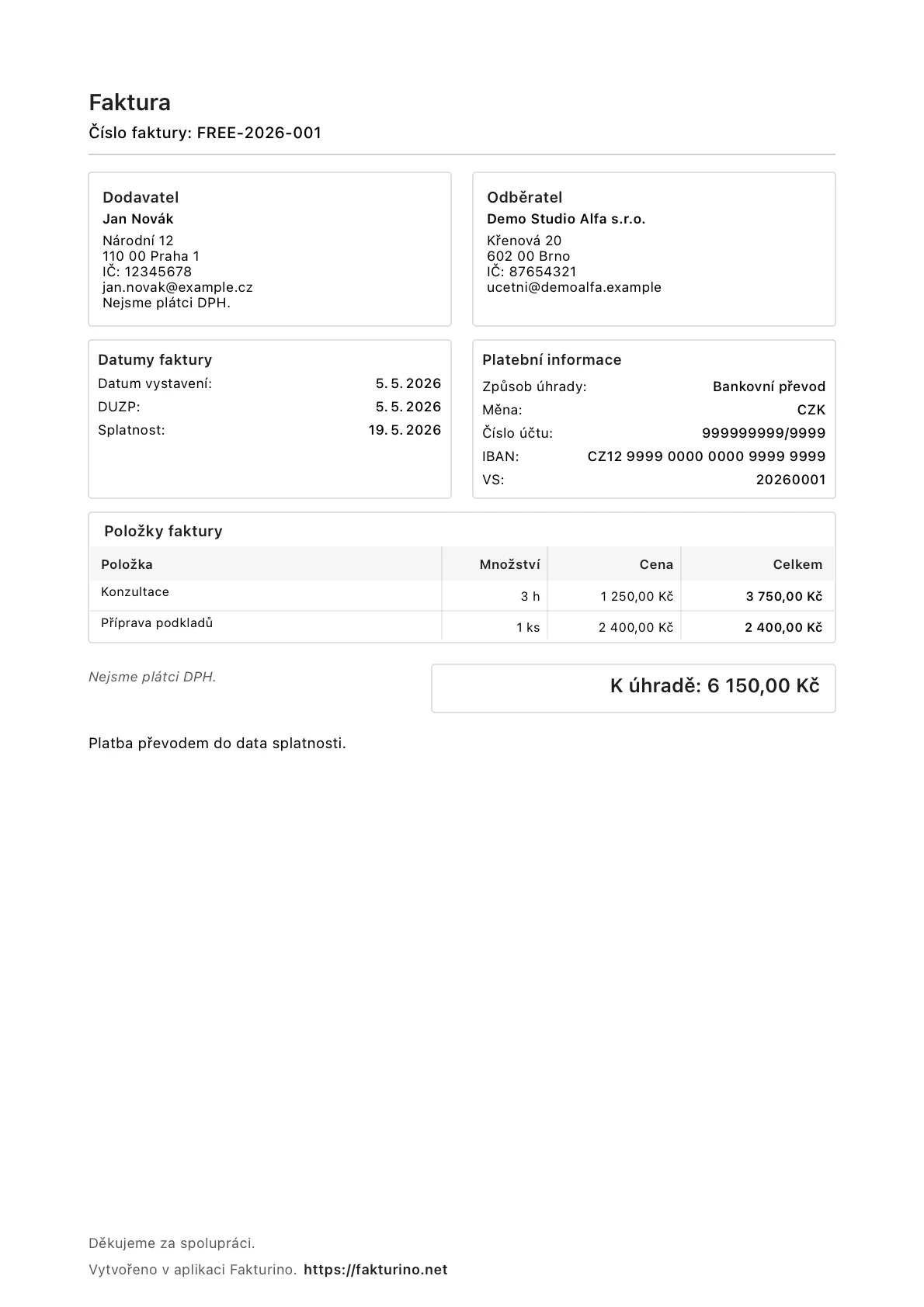 Reálná ukázková faktura v minimalistické PDF šabloně Fakturino