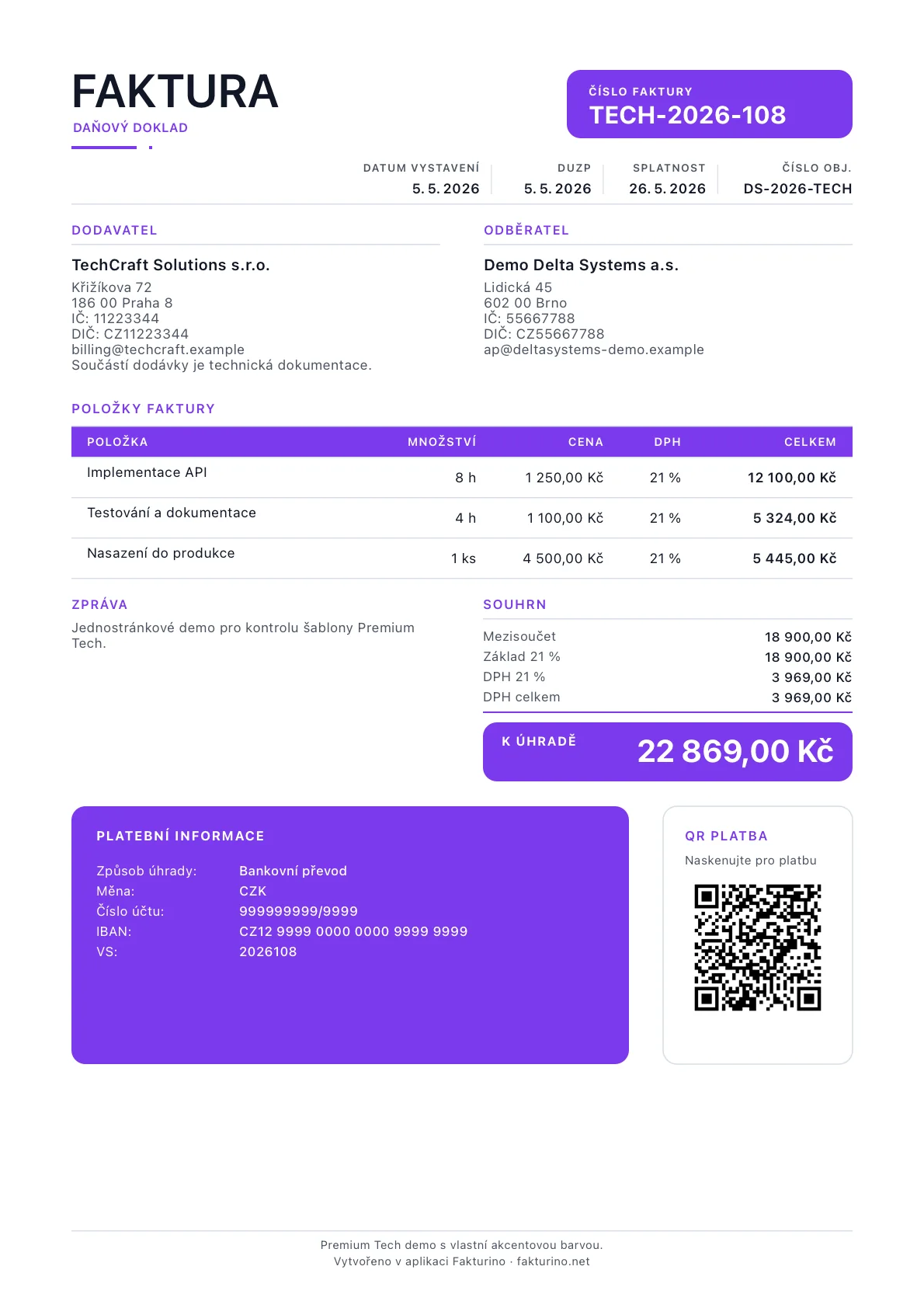 Reálná ukázková faktura v PDF šabloně Premium Tech s vlastní akcentovou barvou a QR platbou