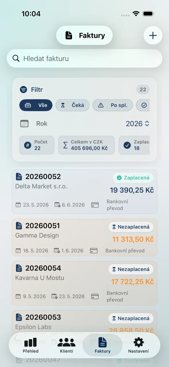 Fakturino iPhone – seznam faktur