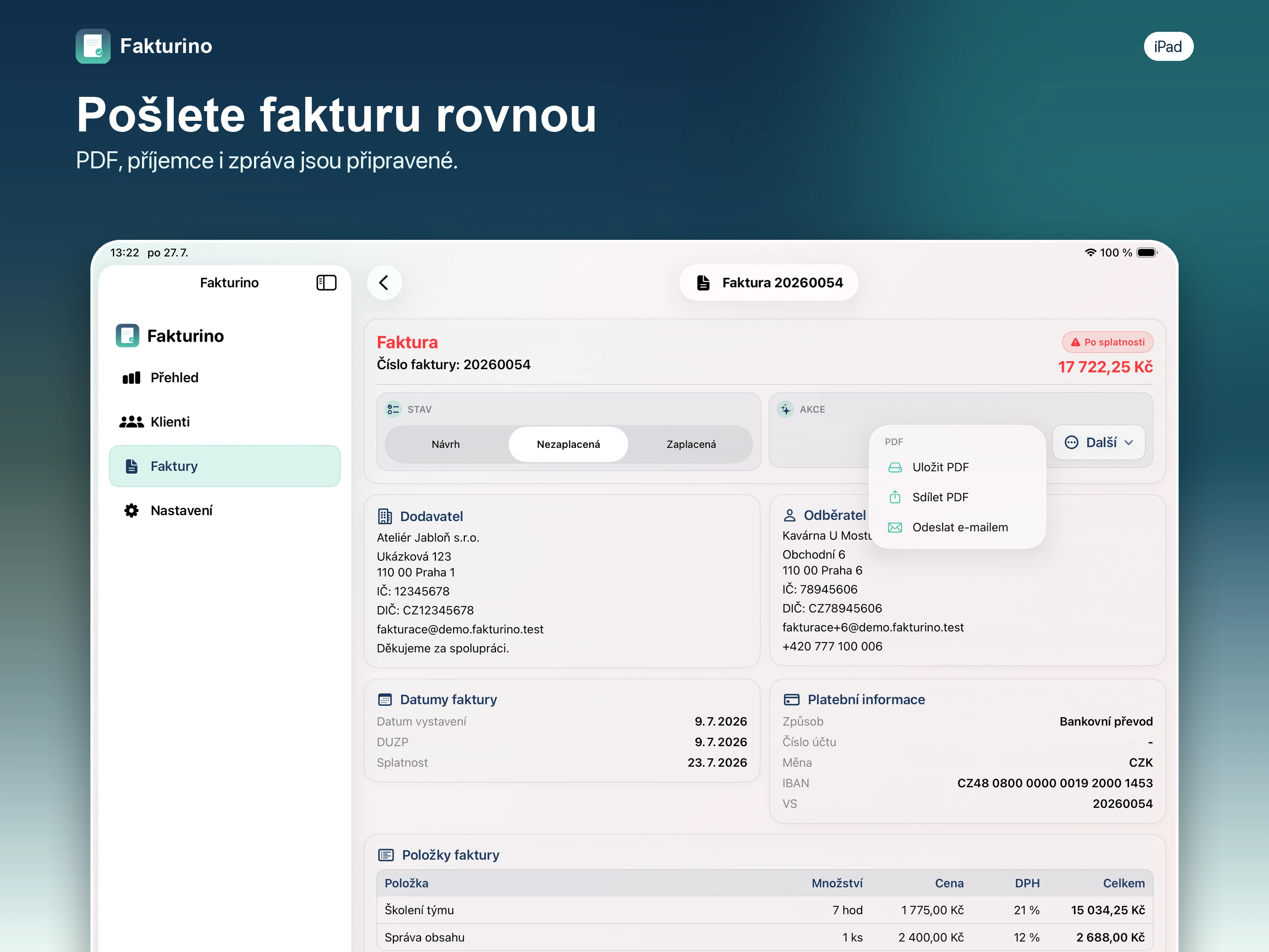 Fakturino na iPadu – hotová faktura připravená k exportu PDF a odeslání e-mailem