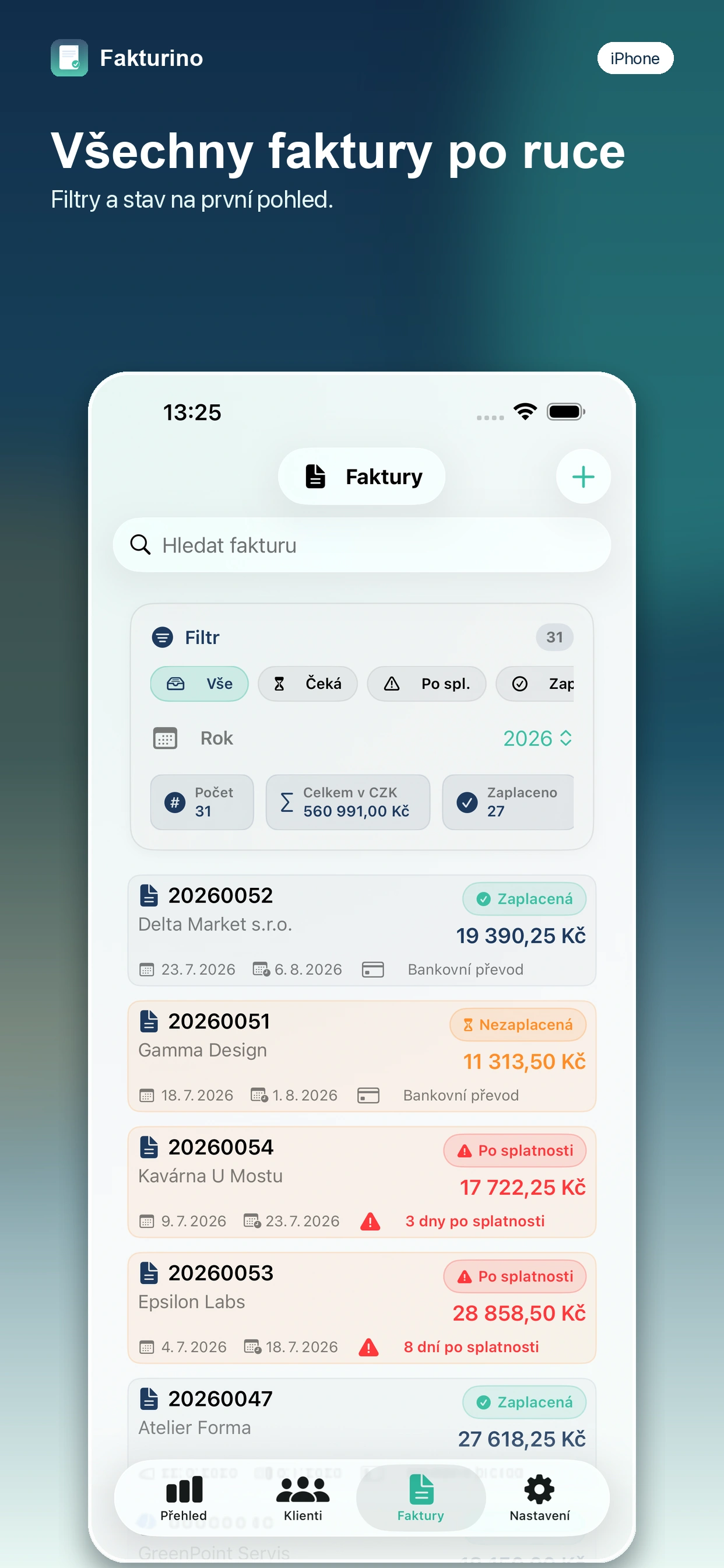 Fakturino na iPhonu – seznam faktur s filtry a stavy úhrady