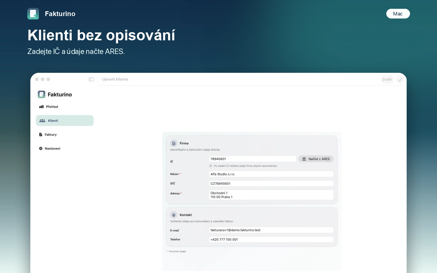 Fakturino na Macu – údaje klienta načtené podle IČ přes ARES