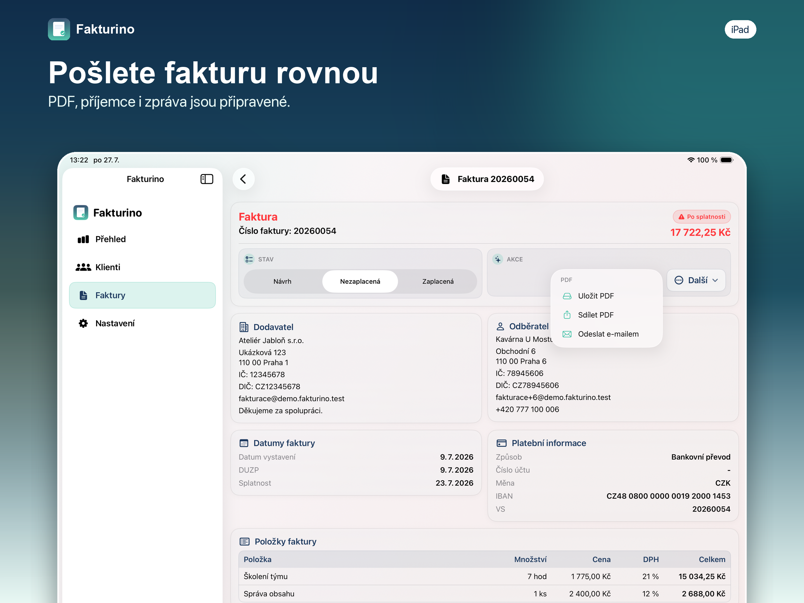 Odesl&aacute;n&iacute; faktury e-mailem z detailu dokladu ve Fakturinu 1.8